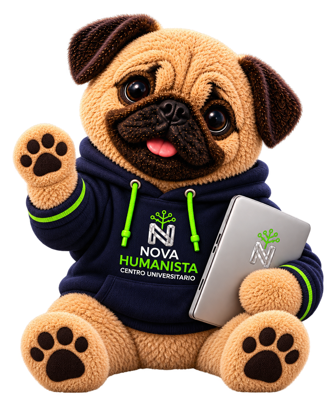 Chente Pug, mascota de Nova Humanista, saludando con una laptop